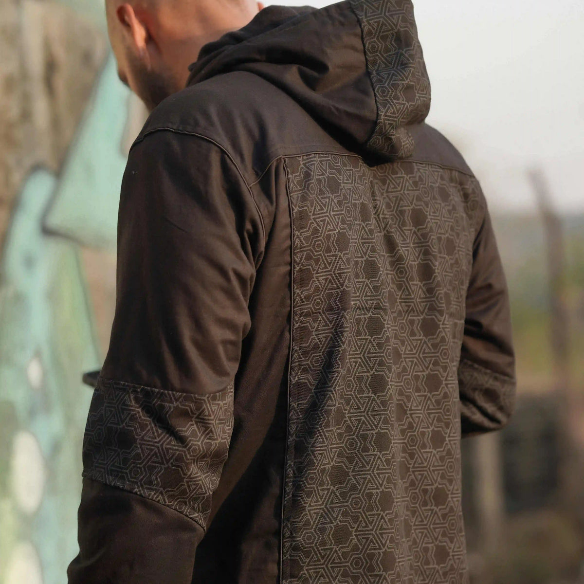 back view heavy cotton festival jacket for men black hooded psychedelic pythagoras jacket