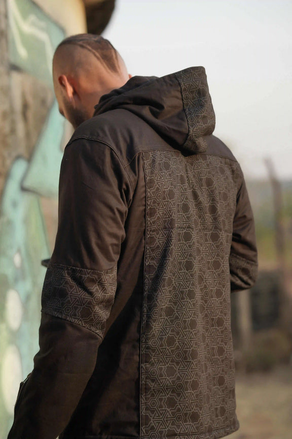 back view heavy cotton festival jacket for men black hooded psychedelic pythagoras jacket