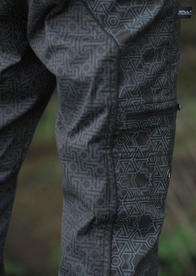 Side profile showing zipper cargo pockets on psytrance pants