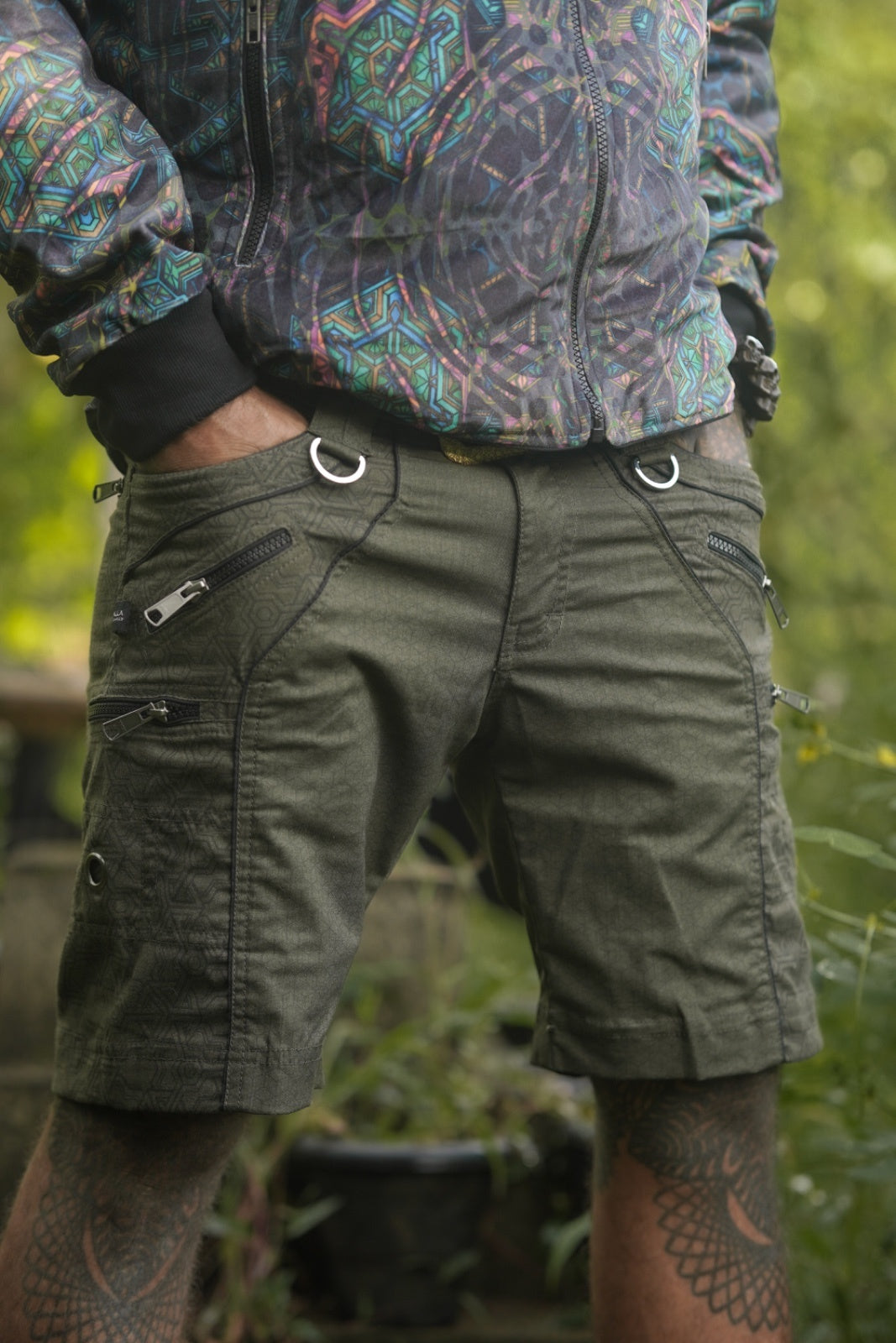 above knee shorts mens green cargo shorts geometric print NY fabric front view