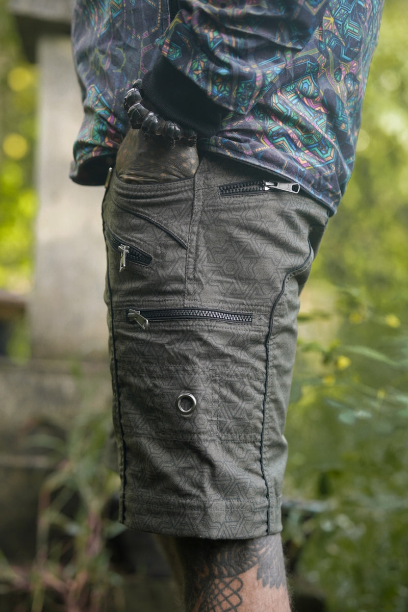 green NY cargo shorts mens side view zip pockets geometric pattern