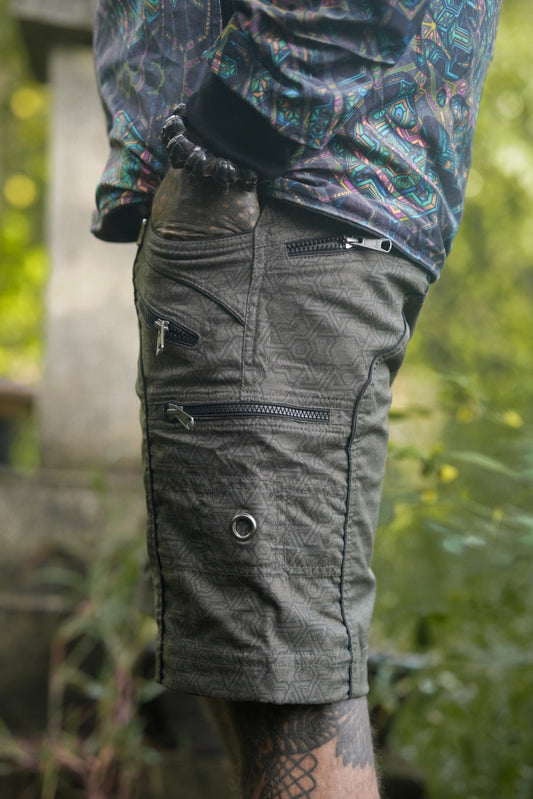 green NY cargo shorts mens side view zip pockets geometric pattern