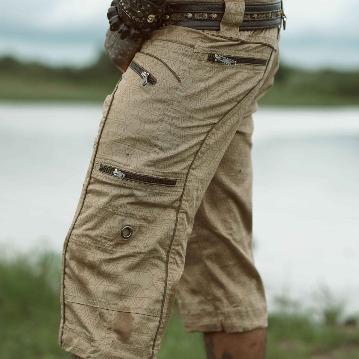 three quarter men's cargo shorts caramel festival streetwear