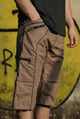 dark beige three quarter cargo shorts side pocket detail