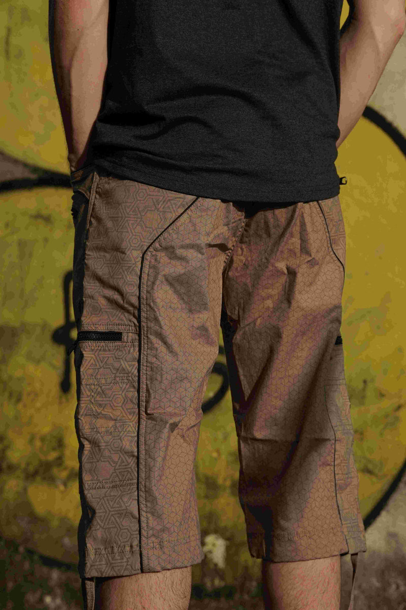 three quarter cargo shorts dark beige back view