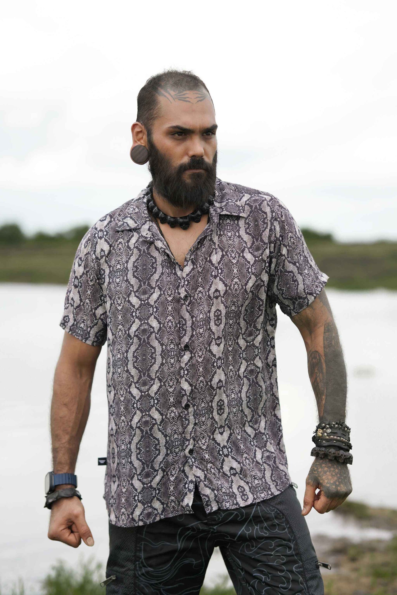 Front view of lightweight bamboo shirt for men in python swirl design