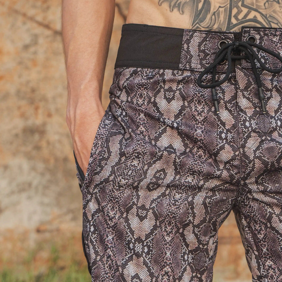 mens printed swim shorts snake pattern python swirl front view