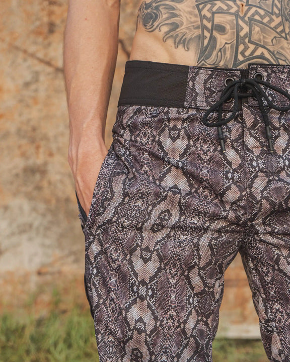 mens printed swim shorts snake pattern python swirl front view