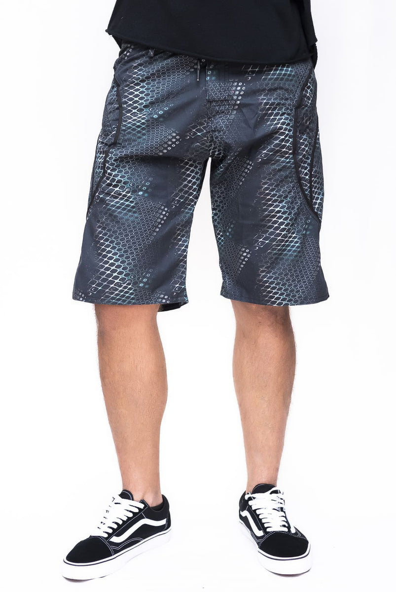 black printed swim shorts for men python vortex design full front