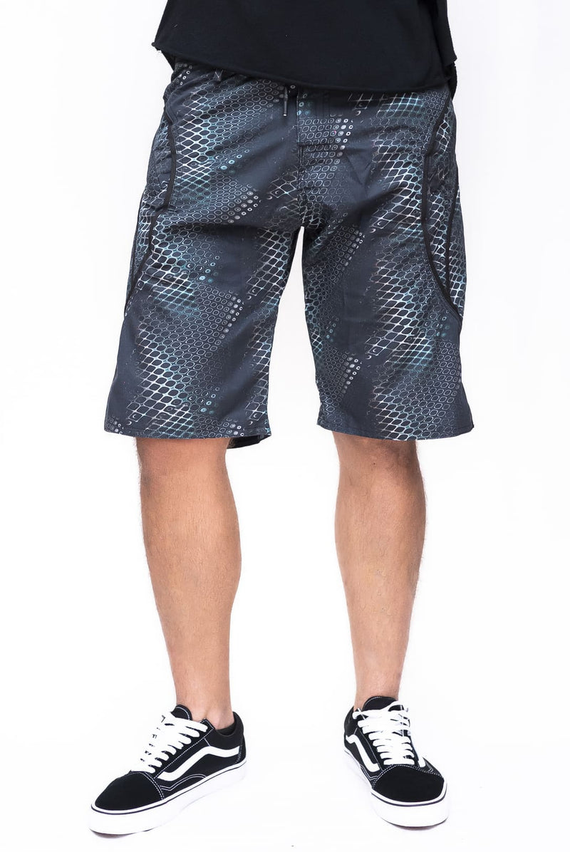 black printed swim shorts for men python vortex design full front