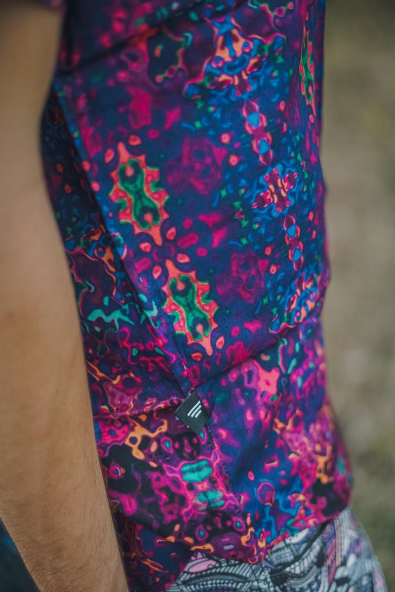 bamboo modal fabric shirt side detail with colorful psychedelic print