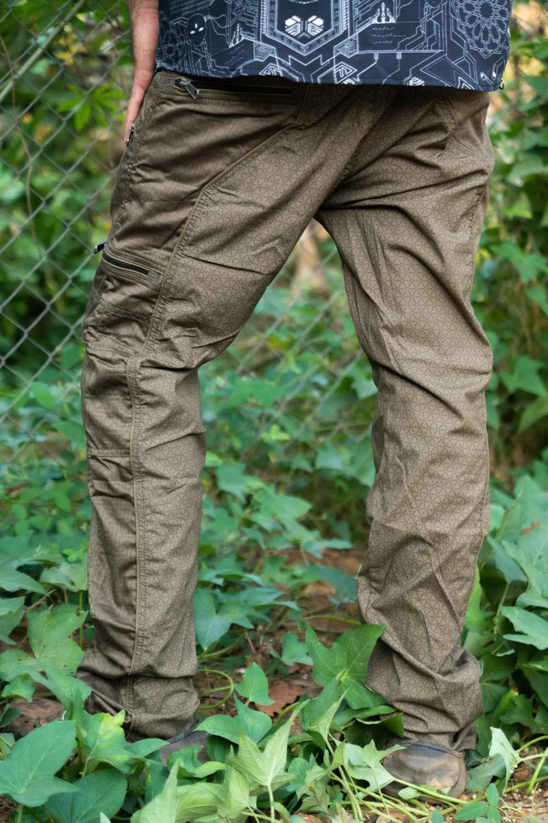 Back and side view of Shri Yantra steampunk festival pants for men