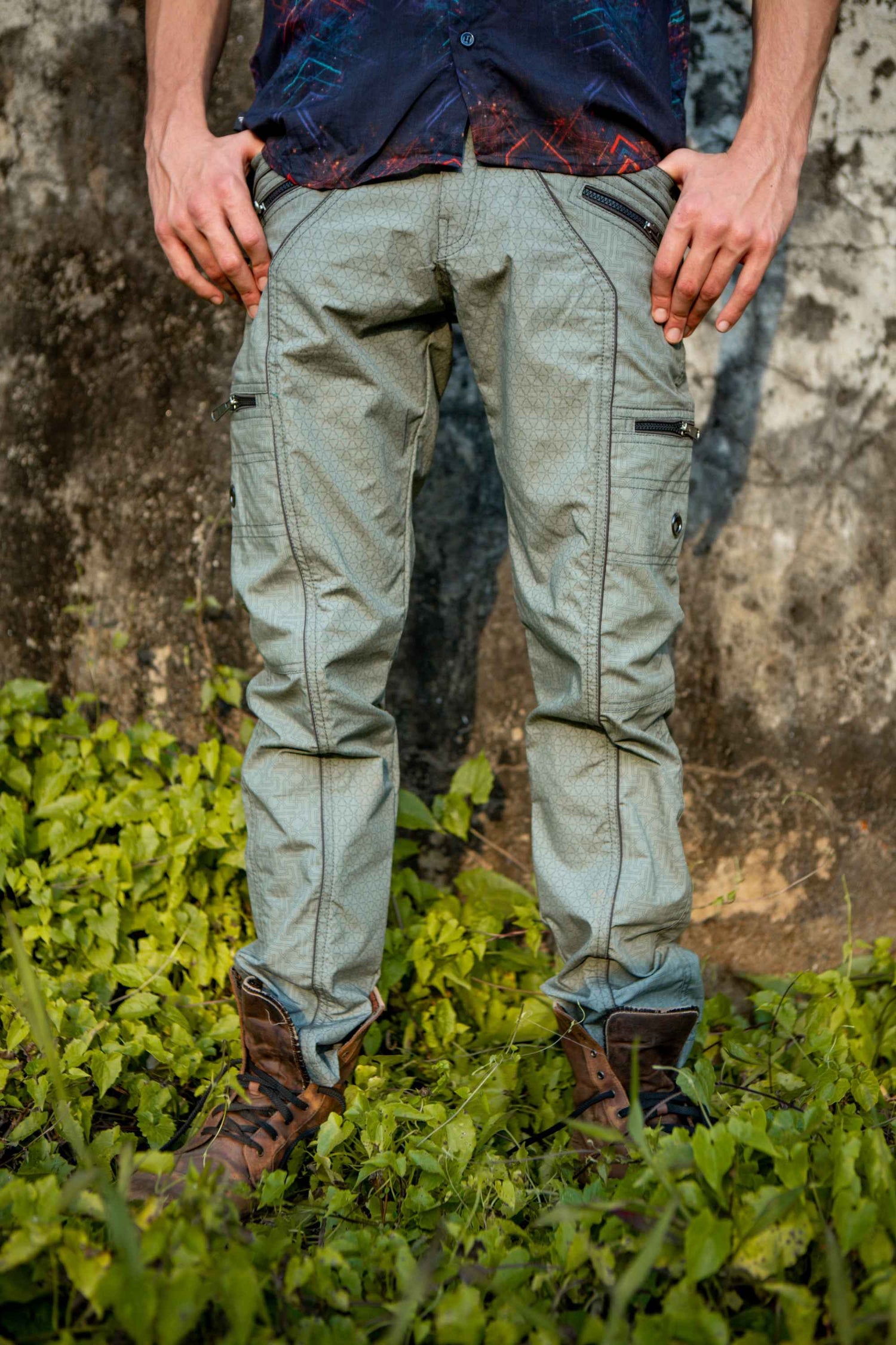 SHRI YANTRA | Men's Light Grey NY Cargo Pants | Rave Festival Biker Trousers