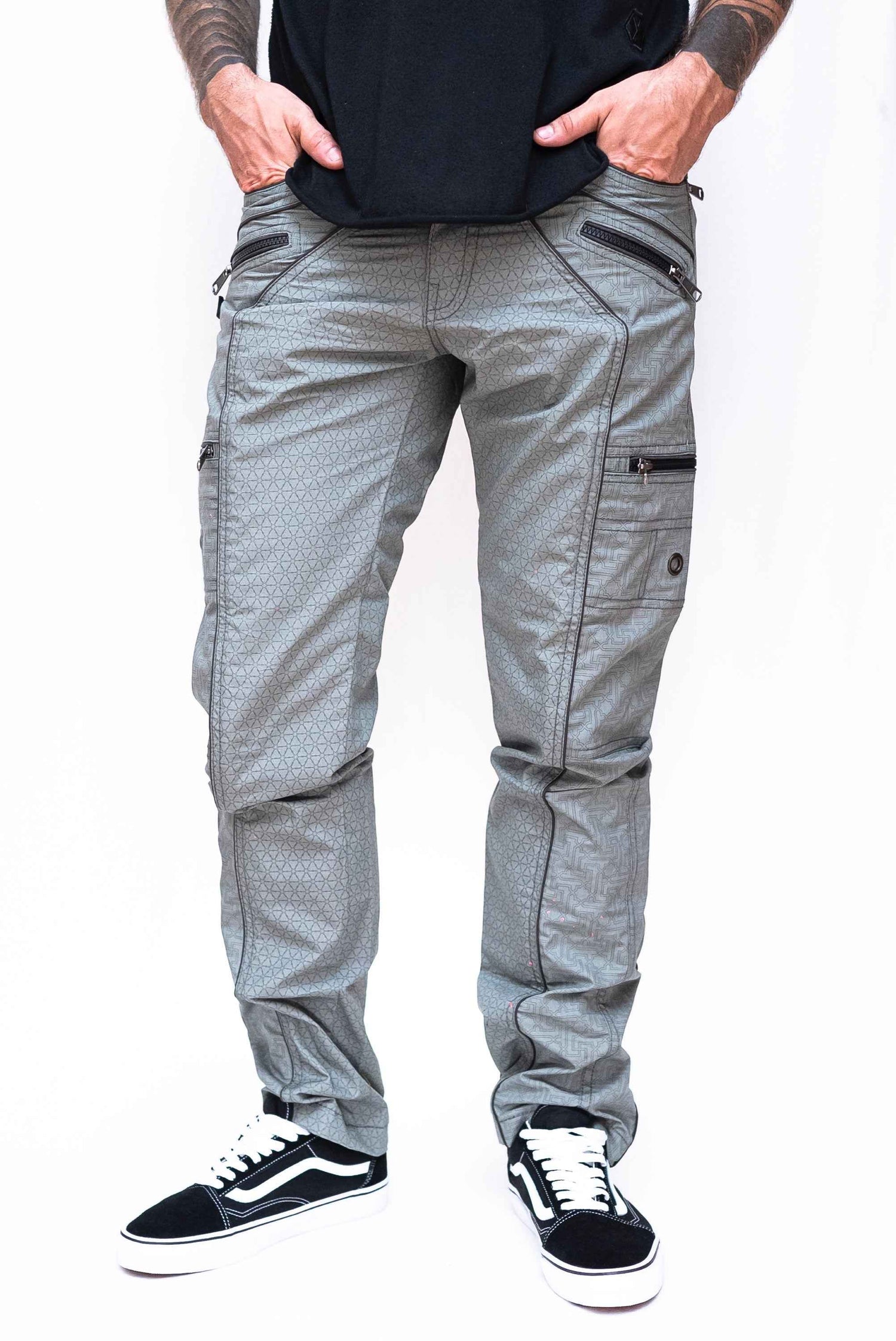 SHRI YANTRA | Men's Light Grey NY Cargo Pants | Rave Festival Biker Trousers