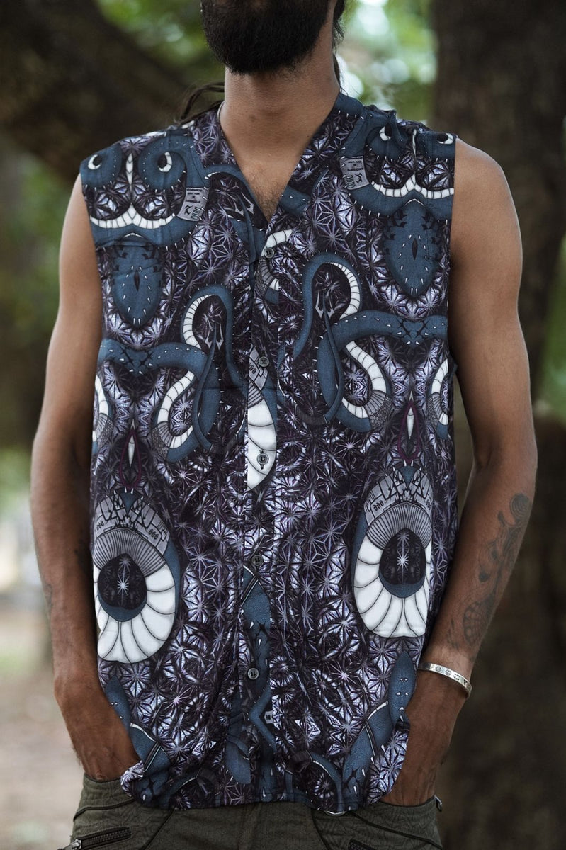Men wearing bamboo sleeveless button-down shirt with psychedelic serpent and sacred geometry print