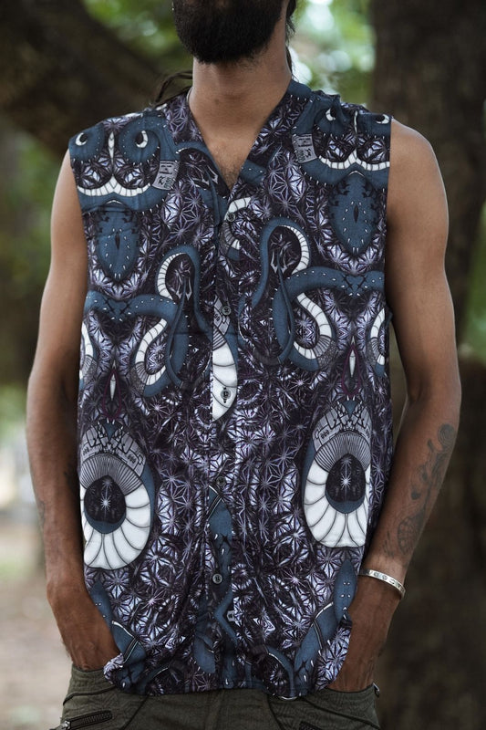 Men wearing bamboo sleeveless button-down shirt with psychedelic serpent and sacred geometry print