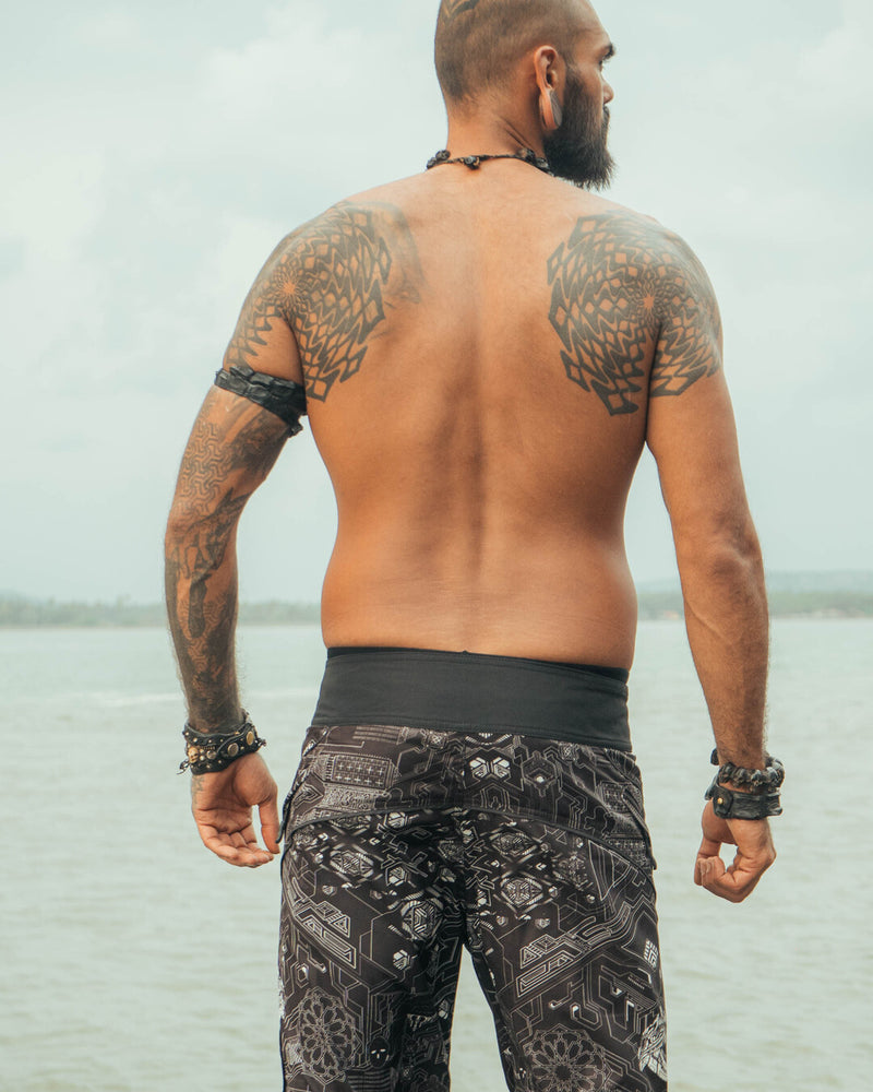 tech pattern swim shorts men back view geometric festival board shorts