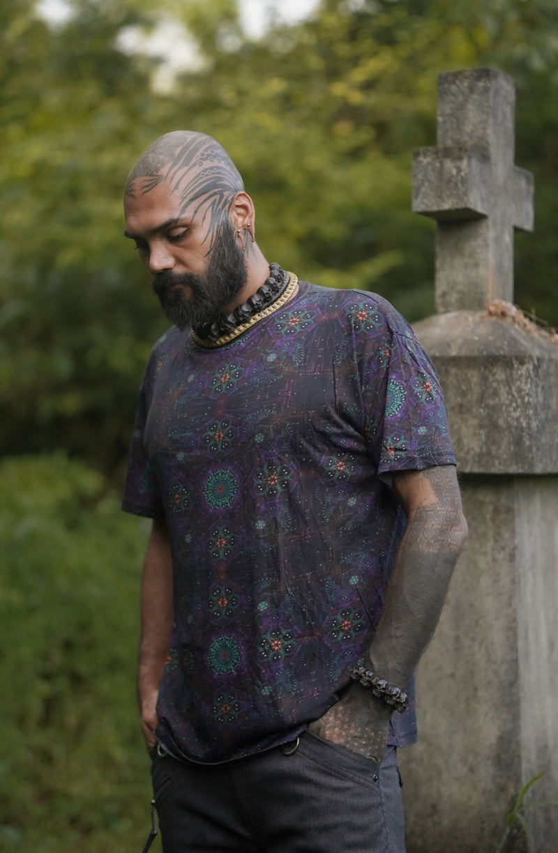 trippy floral psychedelic t shirt with mandala pattern in purple and green tones