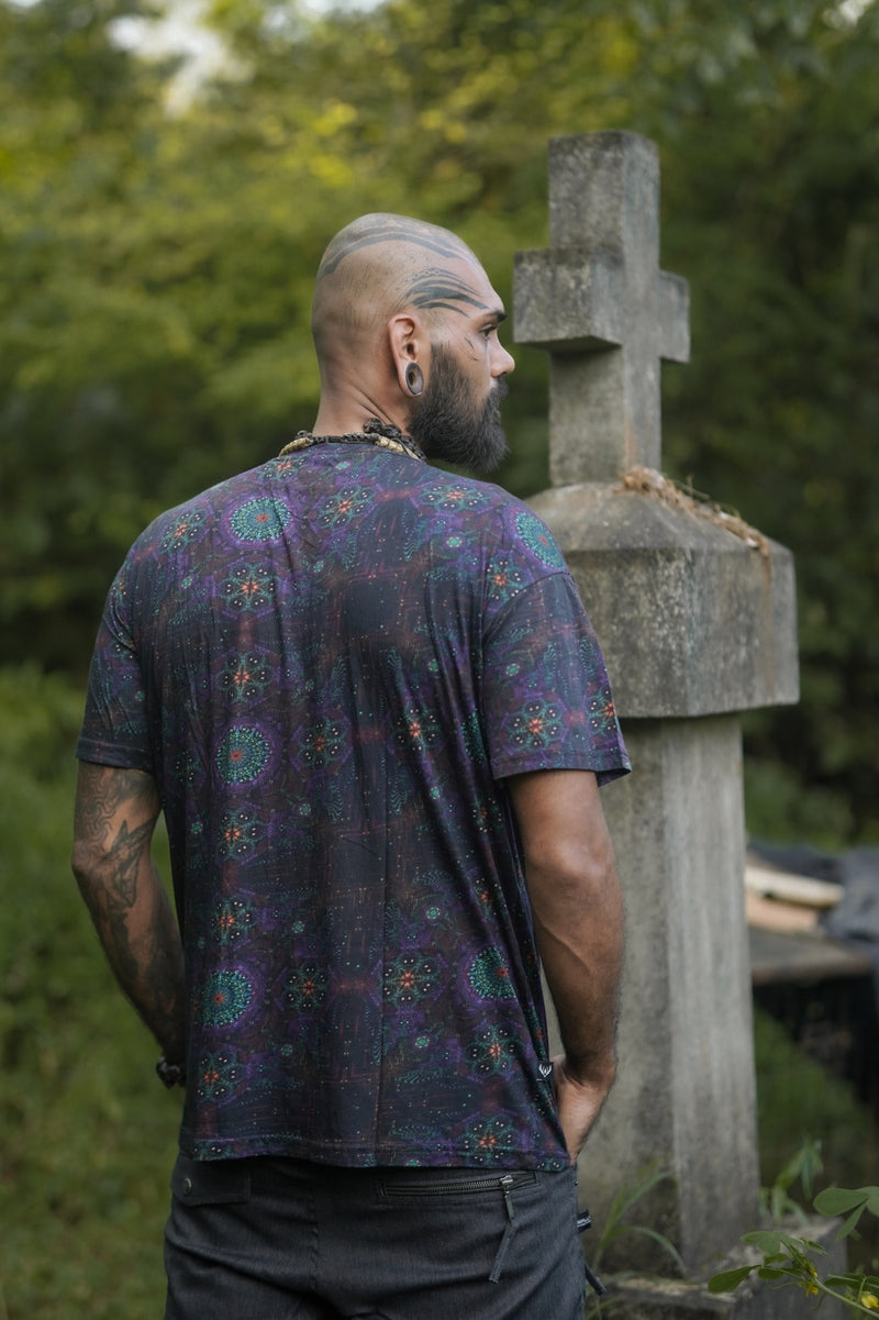 mens trippy graphic t shirt with abstract mandala and fractal pattern