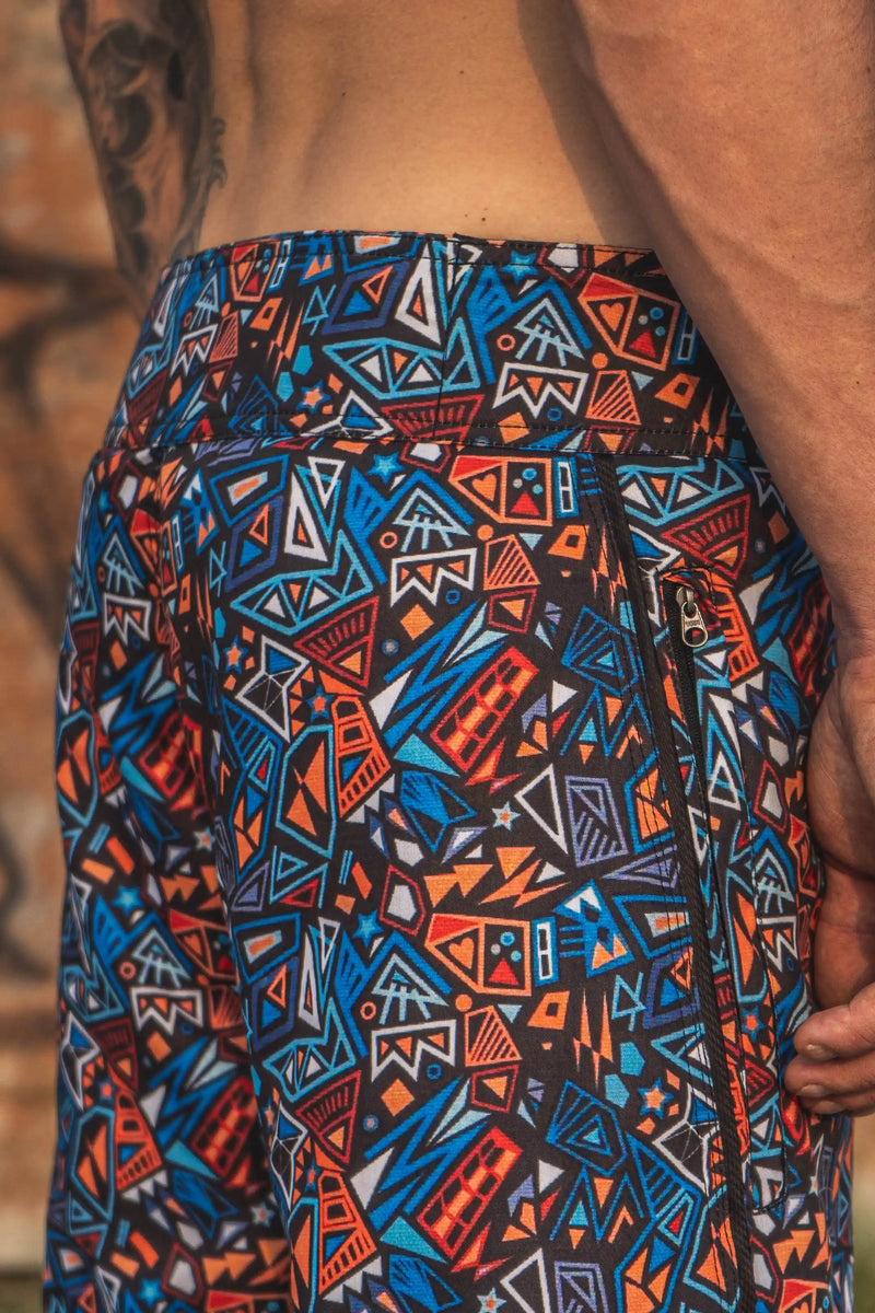 printed swim shorts side view geometric pattern with zipper pocket detail