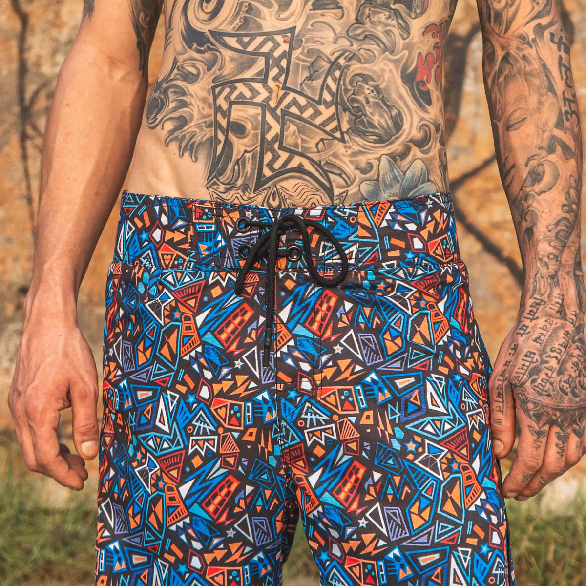 geometric print board shorts for men full front festival swim shorts