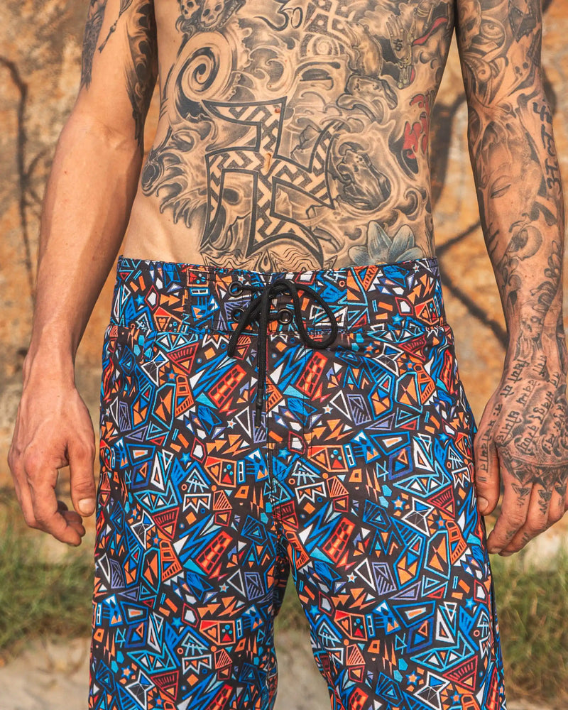 geometric print board shorts for men full front festival swim shorts
