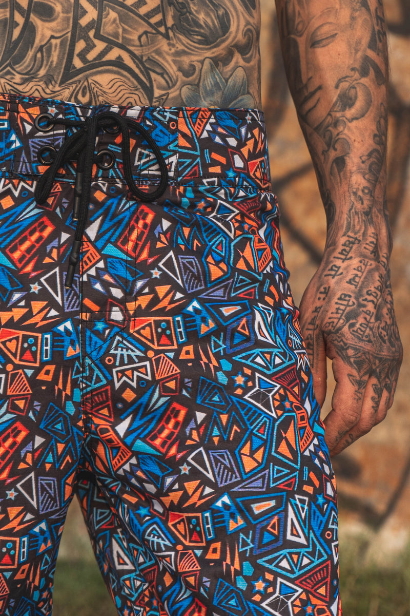 Festival board shorts for men with trippy artwork
