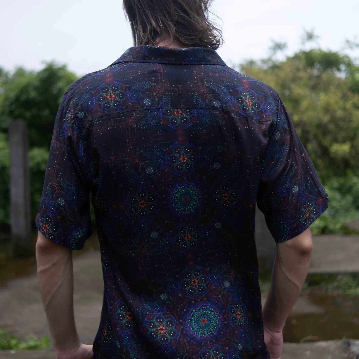 back view of bamboo lightweight summer shirt for men with trippy mandala print