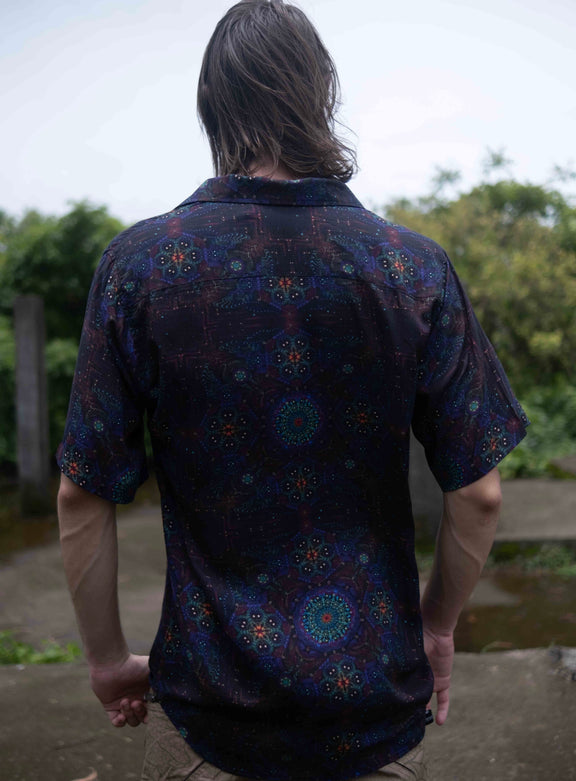 back view of bamboo lightweight summer shirt for men with trippy mandala print