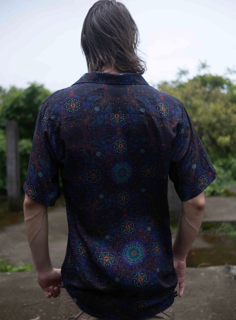 back view of bamboo lightweight summer shirt for men with trippy mandala print