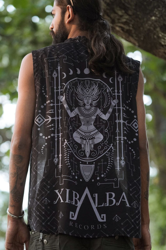 Back view of men’s bamboo modal sleeveless shirt featuring Xibalba Records psychedelic artwork and sacred geometry design