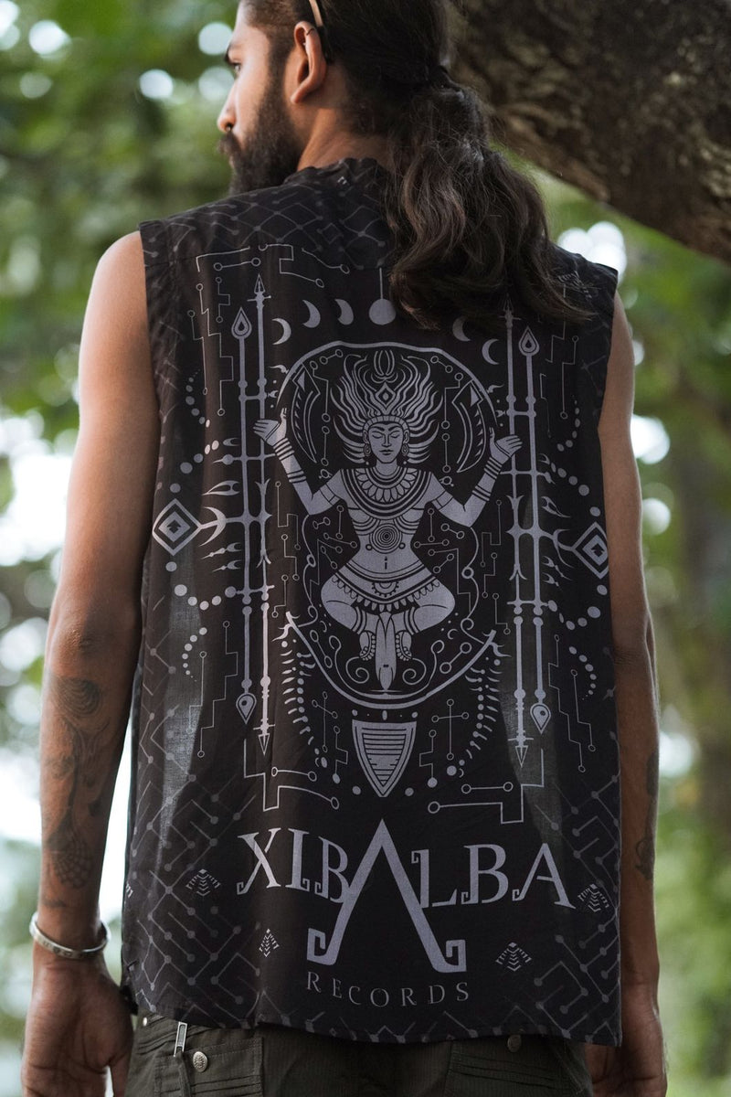Back view of men’s bamboo modal sleeveless shirt featuring Xibalba Records psychedelic artwork and sacred geometry design