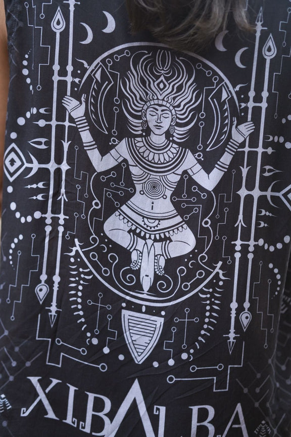 Close-up of psychedelic sacred geometry artwork on bamboo modal sleeveless shirt created in collaboration with Xibalba Records