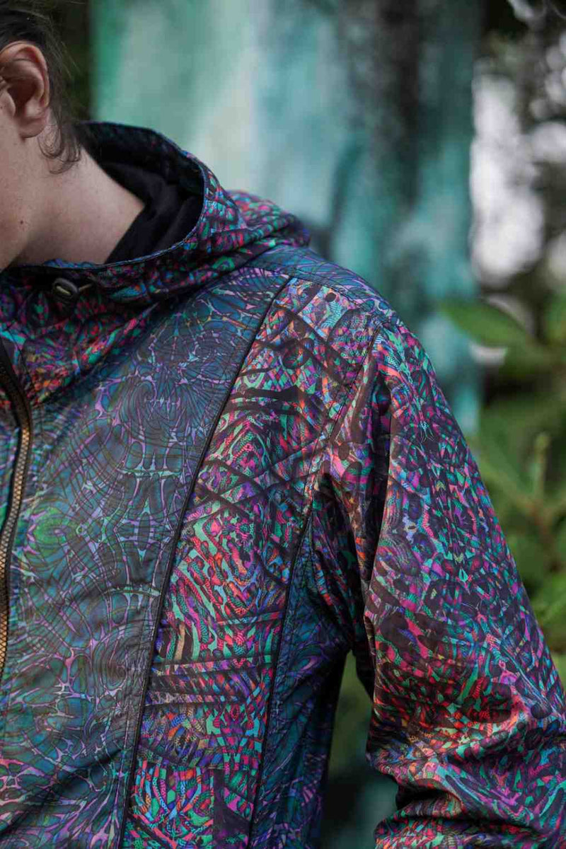 trippy windbreaker jacket sleeve with neon geometric artwork