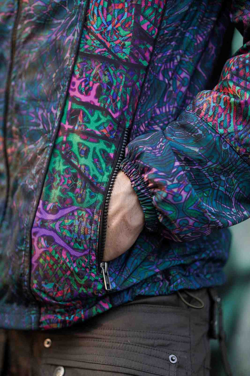 psychedelic windbreaker jacket front zipper and pocket detail
