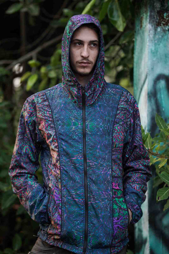 psychedelic festival jacket with hood up front view