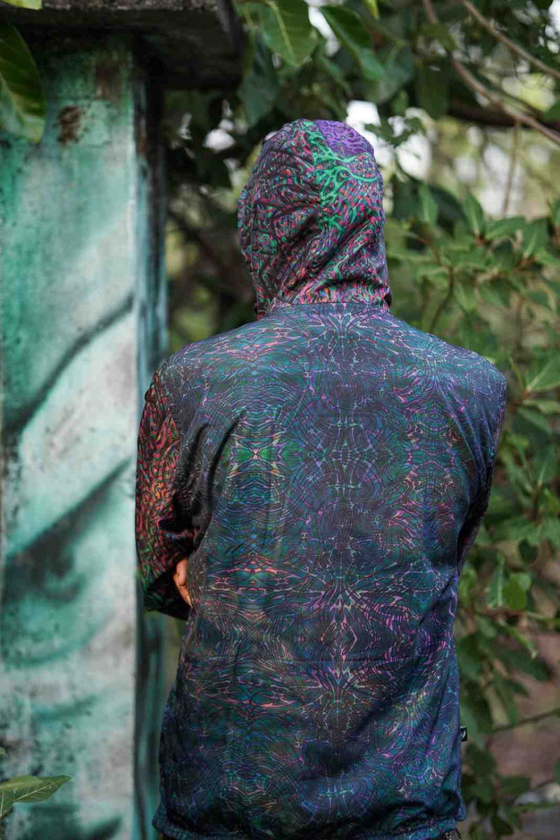 psychedelic windbreaker jacket back view with hood and fractal glitch print