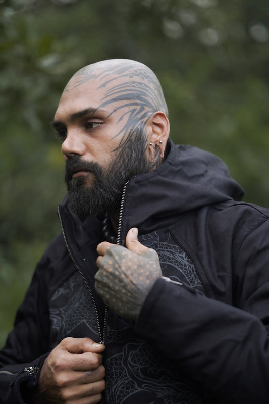 black psychedelic cotton jacket men hood detail close up