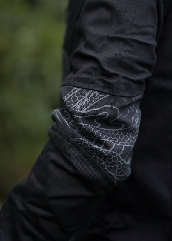 heavy cotton hoodie jacket sleeve detail dragon print