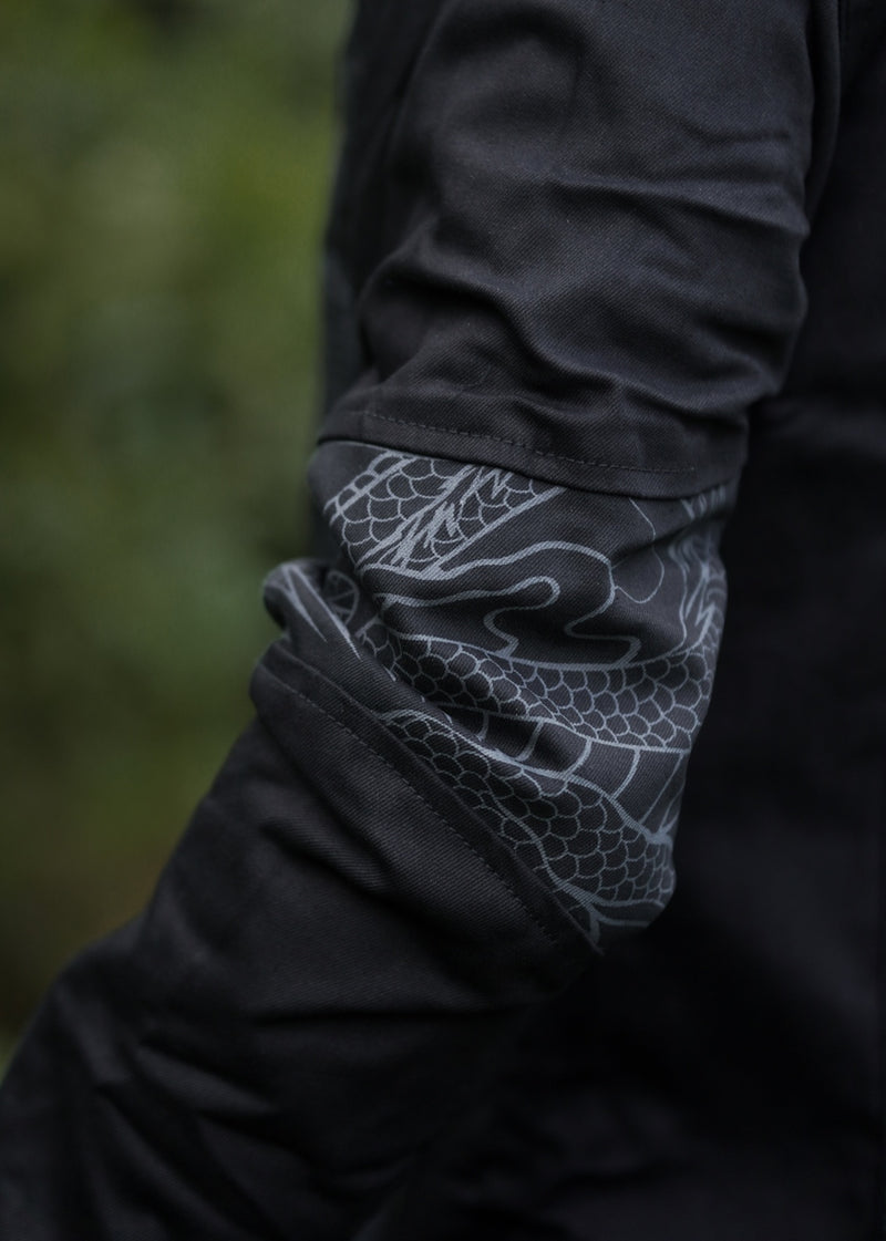 heavy cotton hoodie jacket sleeve detail dragon print