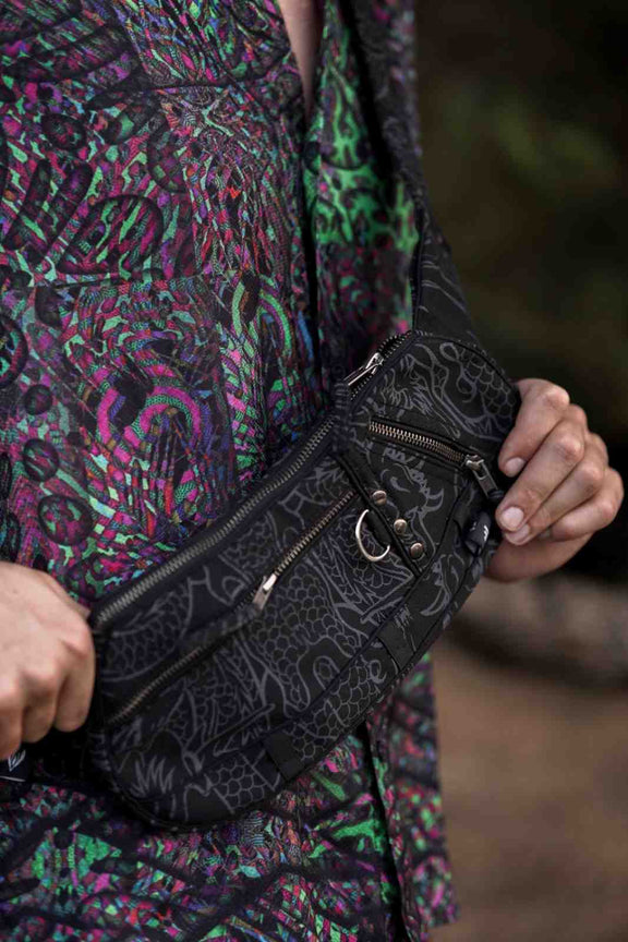 vanta dragon rave crossbody bag black canvas dragon print