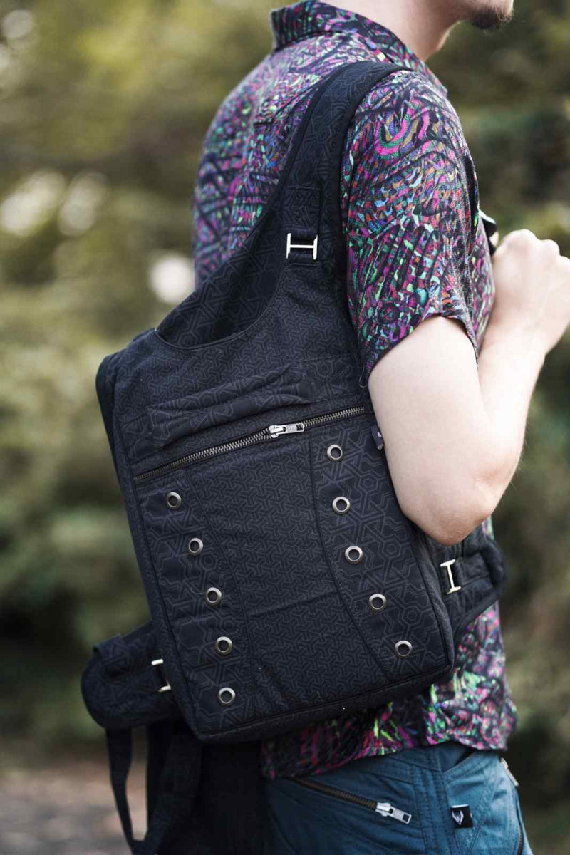 Abstract Pythagoras Ninja Bag in black cotton canvas with geometric screen print