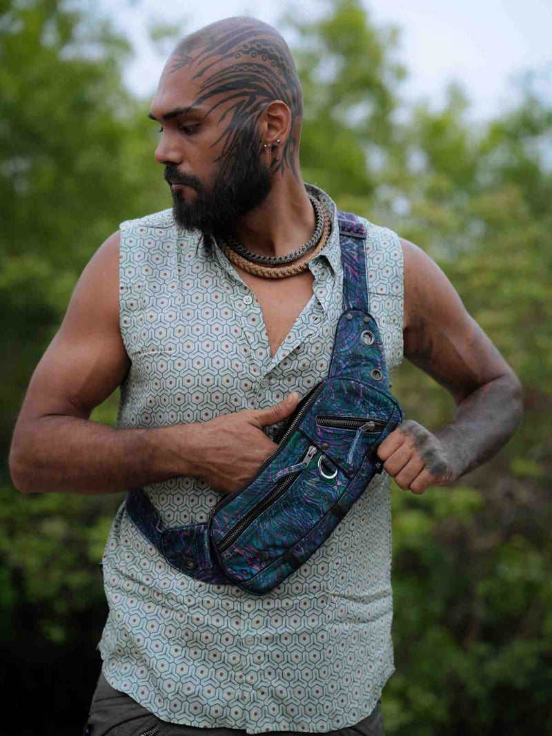 After Burn festival crossbody bag worn crossbody showing front and side storage pockets