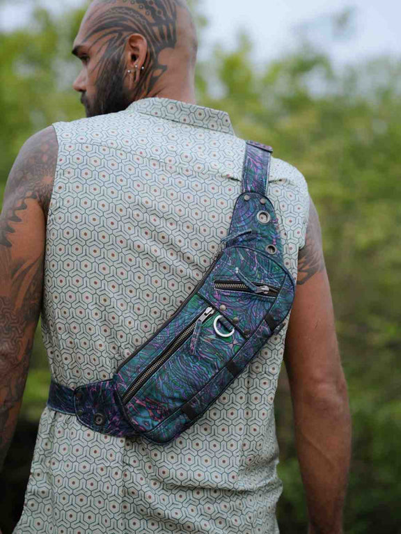 After Burn psychedelic crossbody bag viewed from the back with adjustable strap