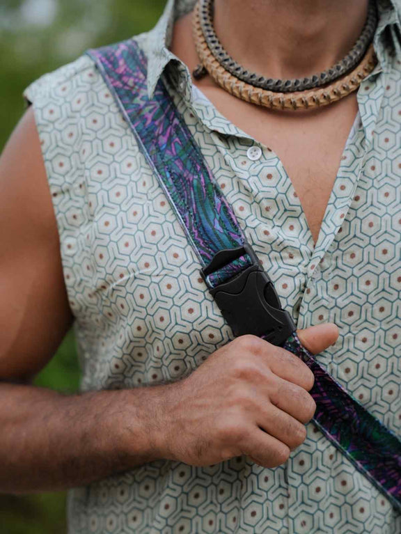After Burn festival crossbody bag showing plastic strap hook and adjustable fastening