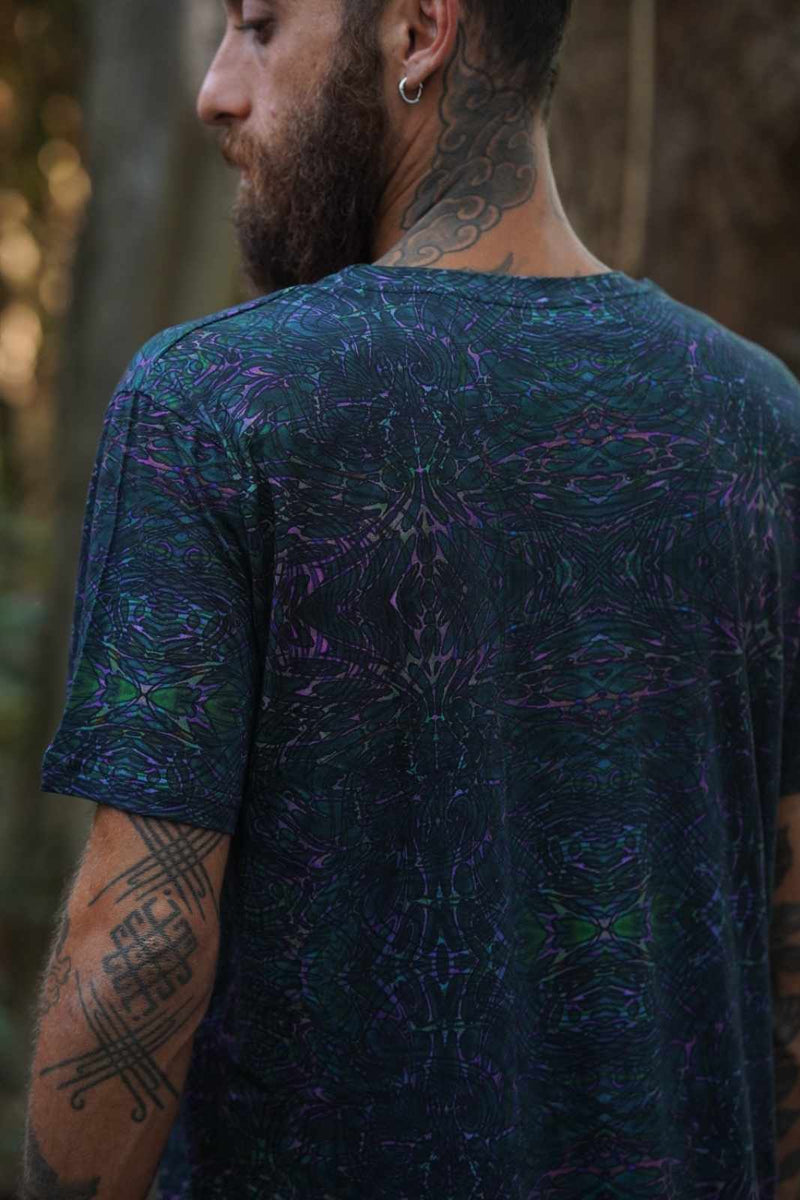 Back view of Afterburn dark psychedelic t shirt with full digital psychedelic print by Baabio