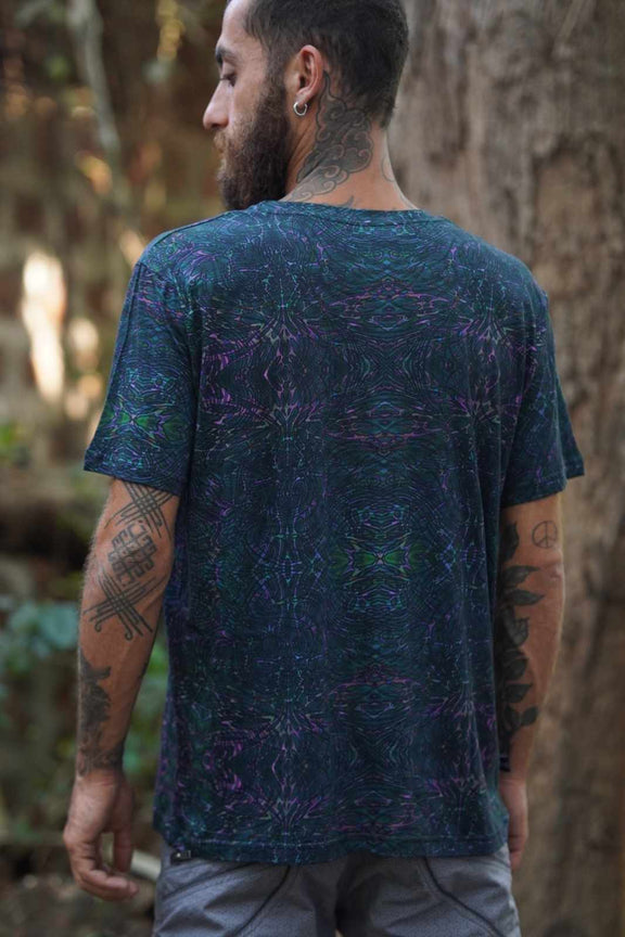 Rear view of Afterburn bamboo modal dark psychedelic t shirt worn outdoors