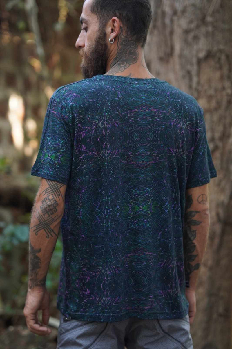 Rear view of Afterburn bamboo modal dark psychedelic t shirt worn outdoors