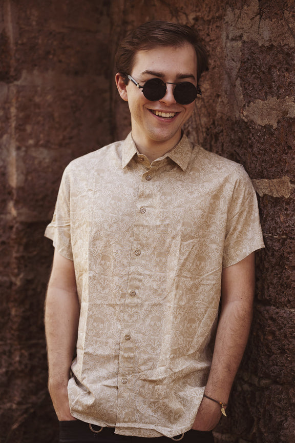Beige Cancun Skull viscose button down shirt for men with premium ornamental print