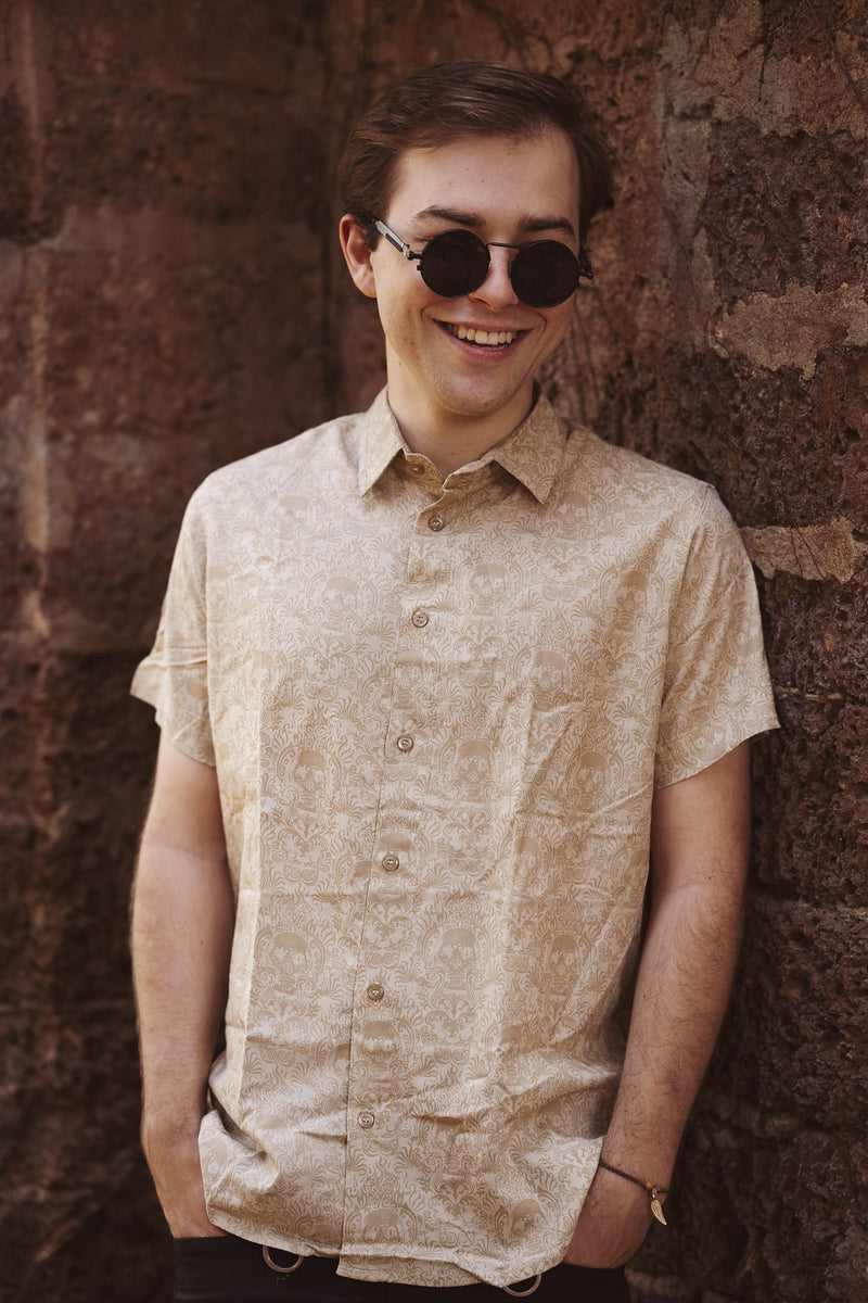 Beige Cancun Skull viscose button down shirt for men with premium ornamental print